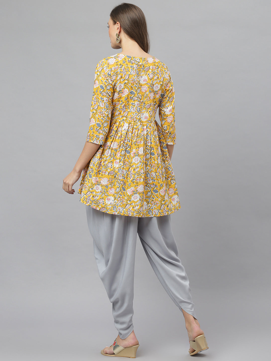 Mustard-yellow-Cotton-Floral-Print-Kurta-Dhoti-Pant-Set