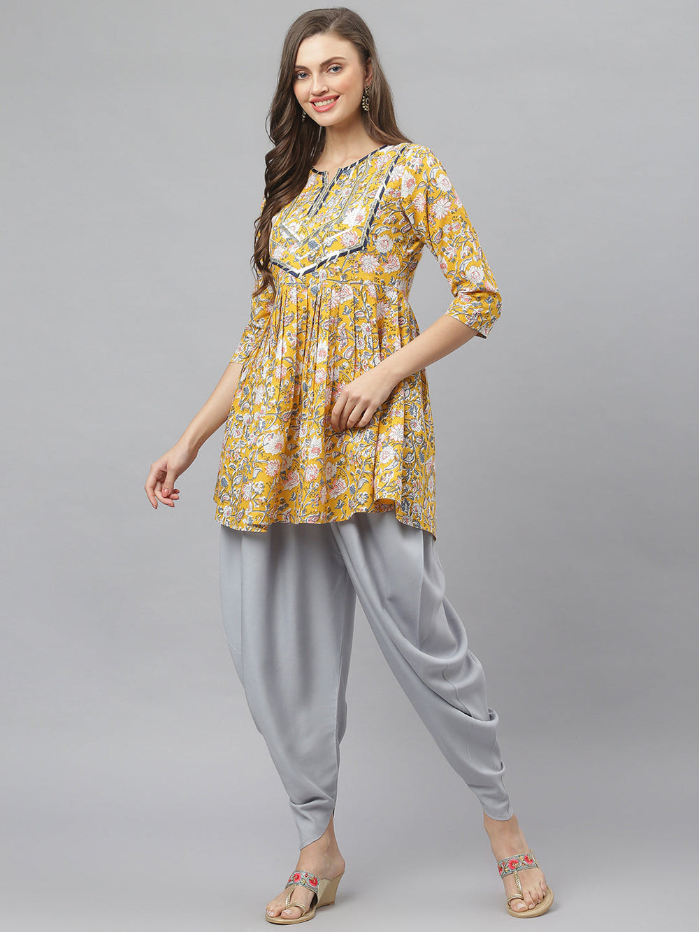 Mustard-yellow-Cotton-Floral-Print-Kurta-Dhoti-Pant-Set
