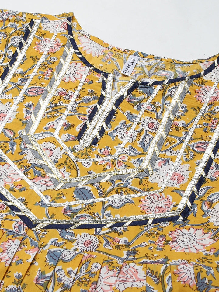 Mustard-yellow-Cotton-Floral-Print-Kurta-Dhoti-Pant-Set