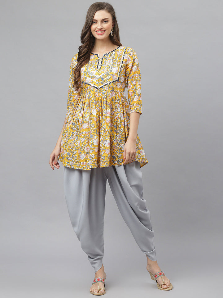 Mustard-yellow-Cotton-Floral-Print-Kurta-Dhoti-Pant-Set