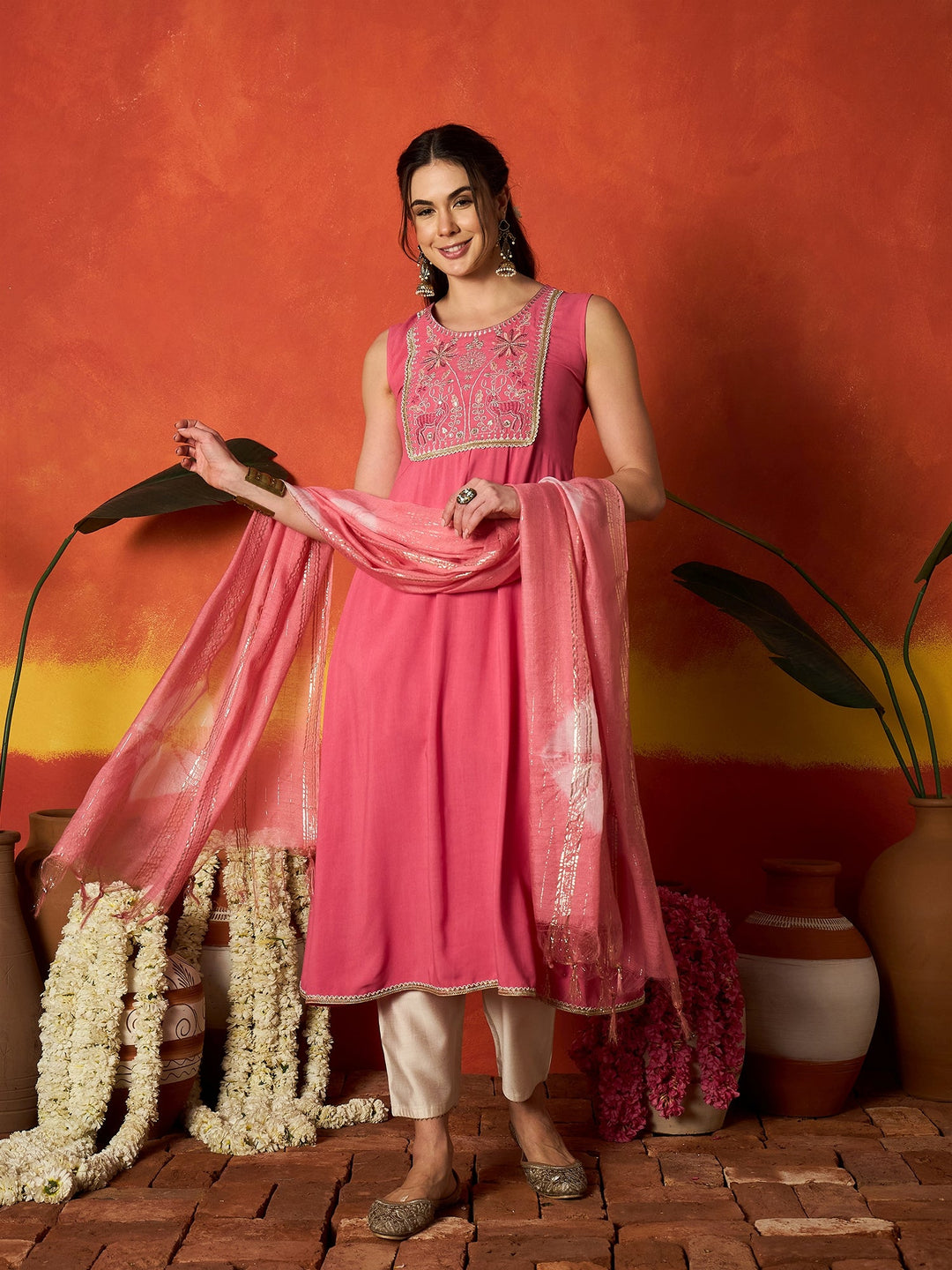 Peach Solid & Embroidered Rayon A-Line Kurta With Dupatta