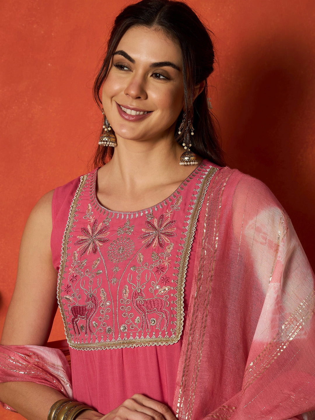 Peach Solid & Embroidered Rayon A-Line Kurta With Dupatta