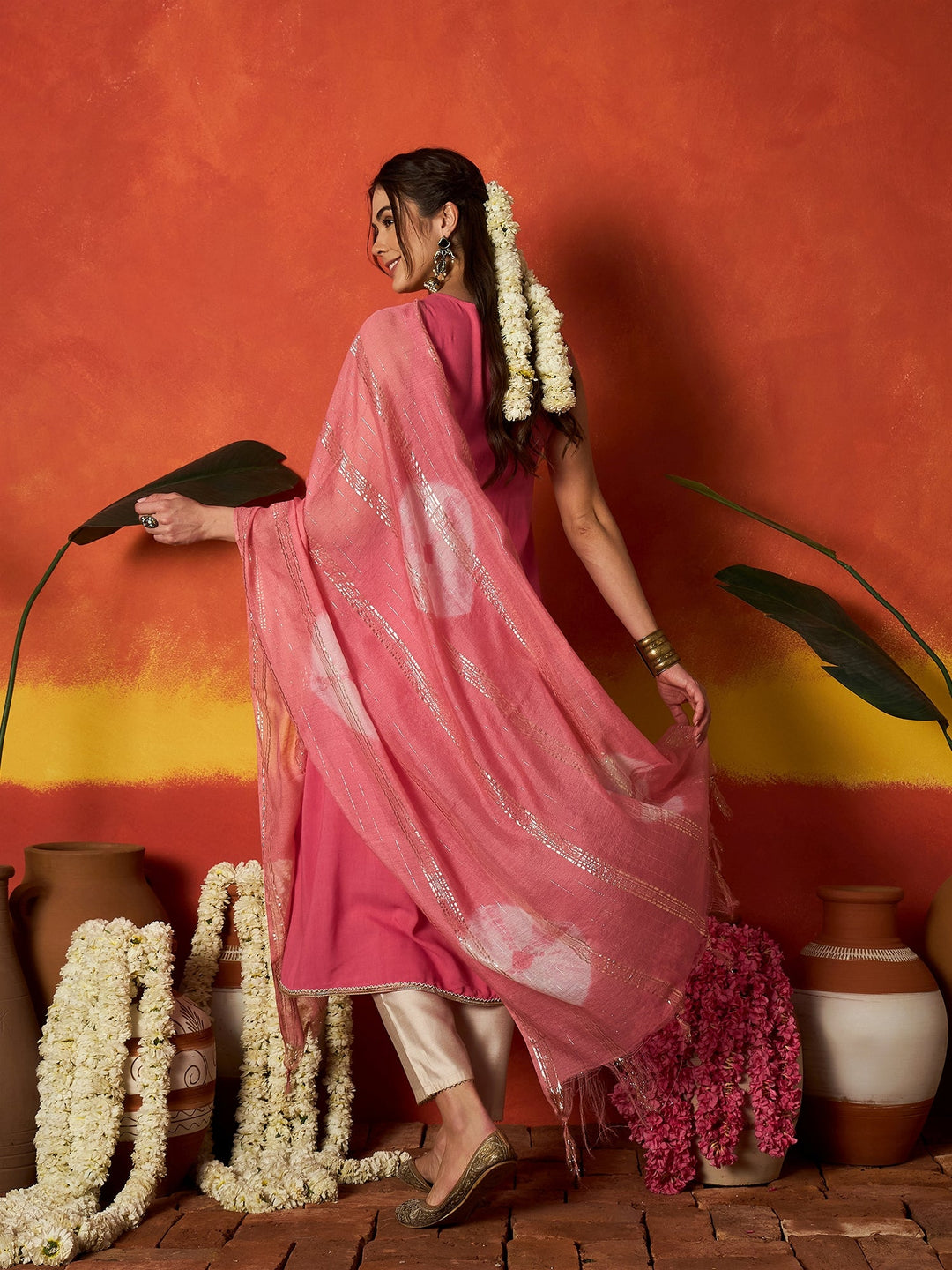 Peach Solid & Embroidered Rayon A-Line Kurta With Dupatta