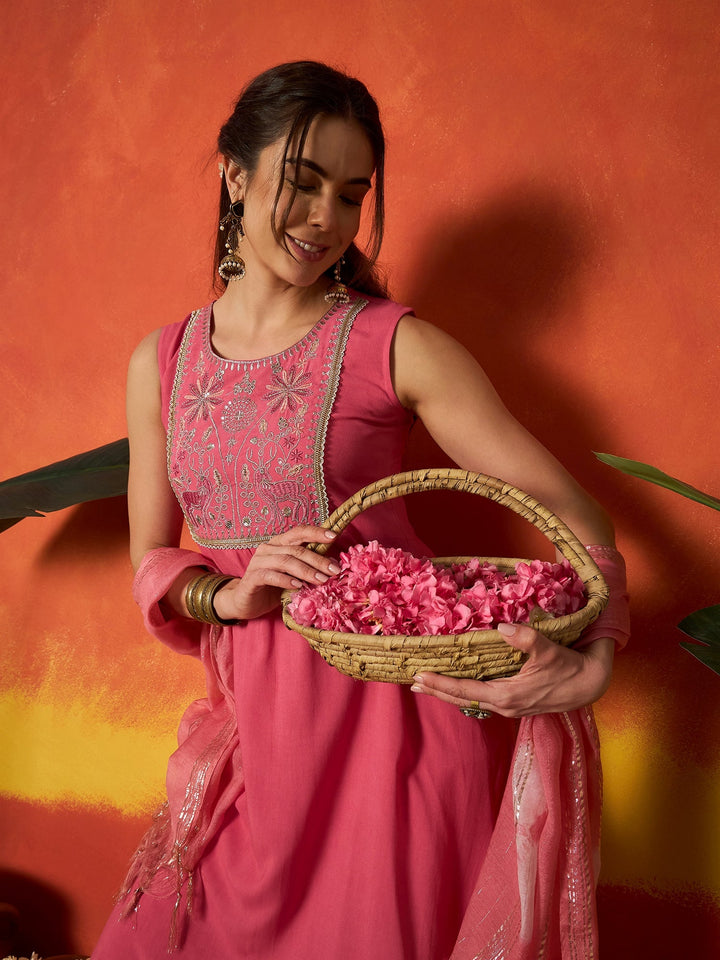 Peach Solid & Embroidered Rayon A-Line Kurta With Dupatta