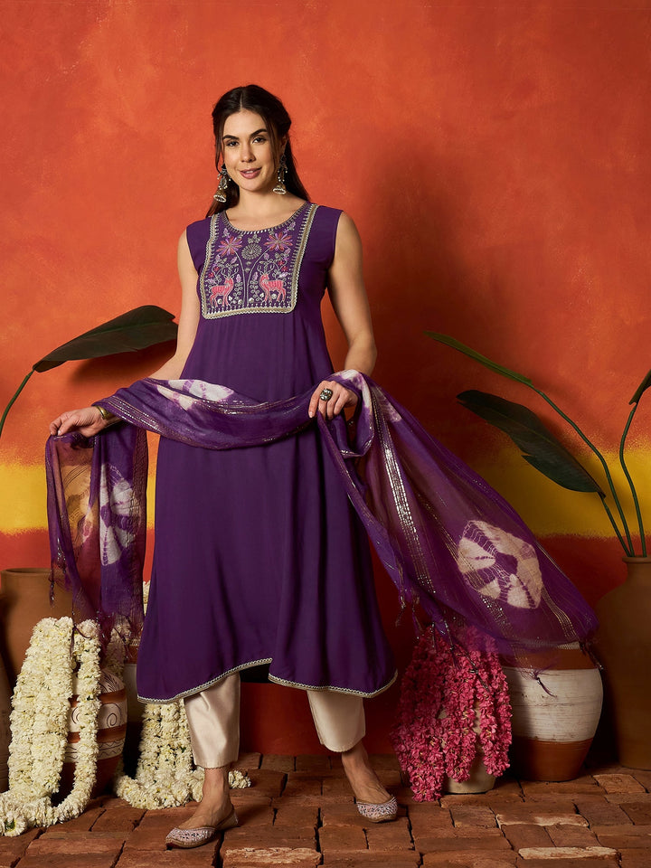 Purple Solid & Embroidered Rayon A-Line Kurta With Dupatta