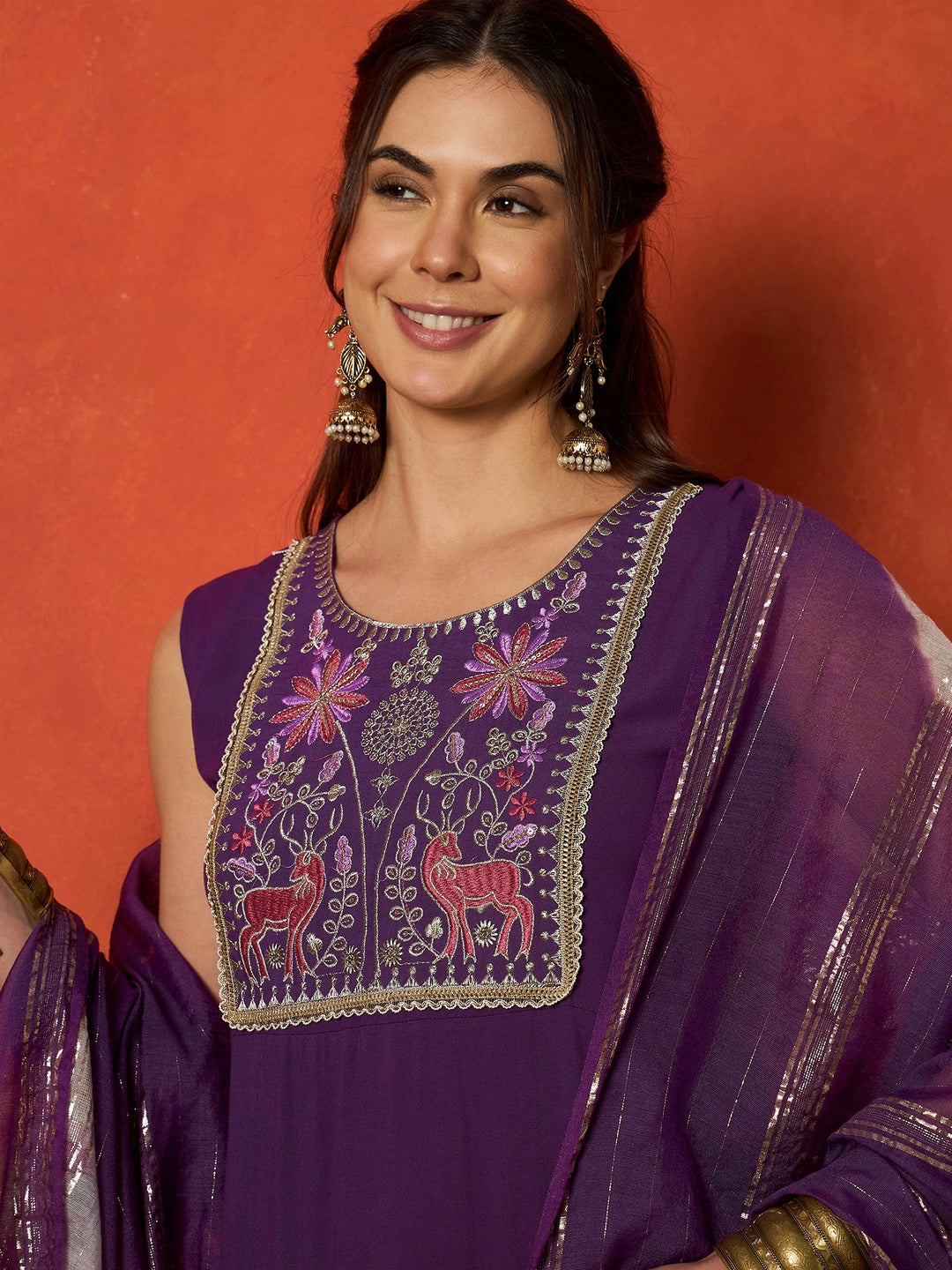 Purple Solid & Embroidered Rayon A-Line Kurta With Dupatta