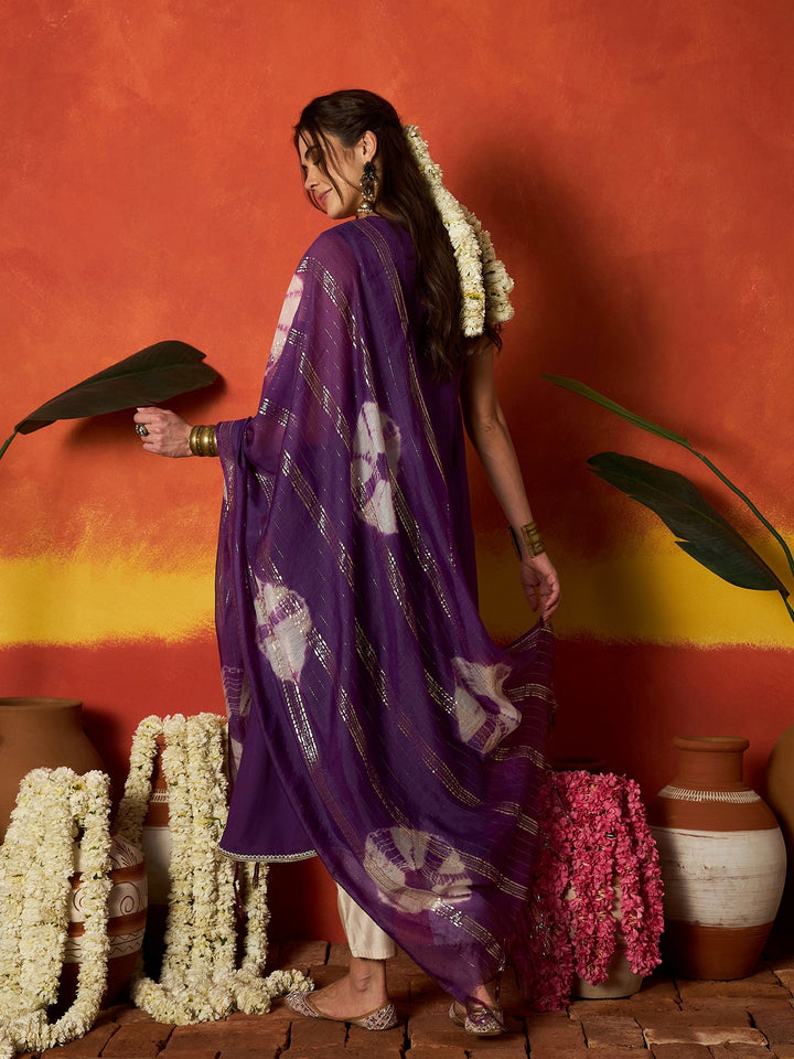 Purple Solid & Embroidered Rayon A-Line Kurta With Dupatta