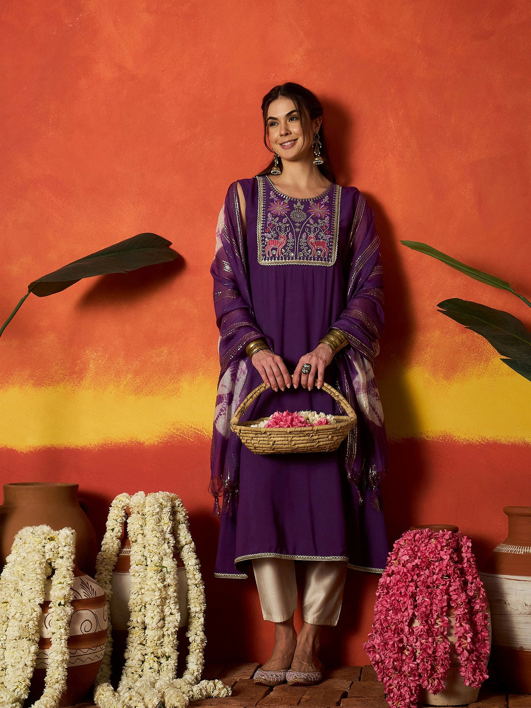 Purple Solid & Embroidered Rayon A-Line Kurta With Dupatta