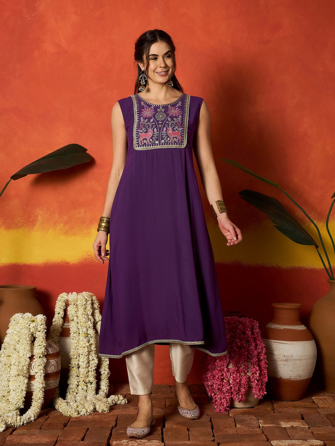 Purple Solid & Embroidered Rayon A-Line Kurta With Dupatta