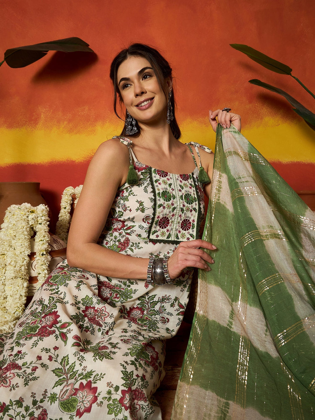 Red Floral Printed & Embroidered A-Line Rayon Kurta With Dupatta