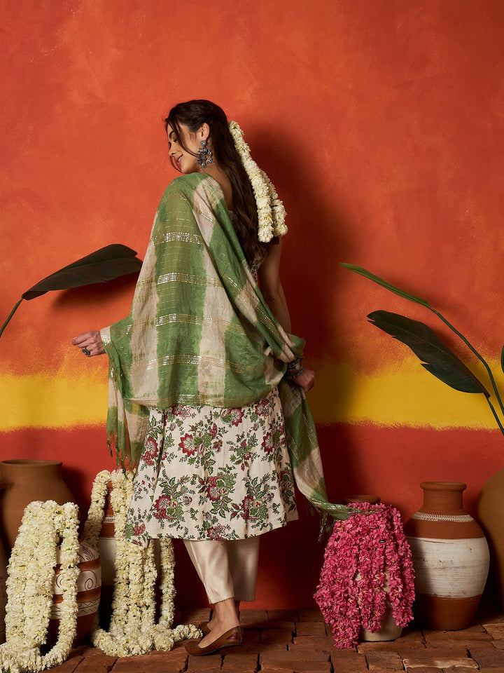 Red Floral Printed & Embroidered A-Line Rayon Kurta With Dupatta