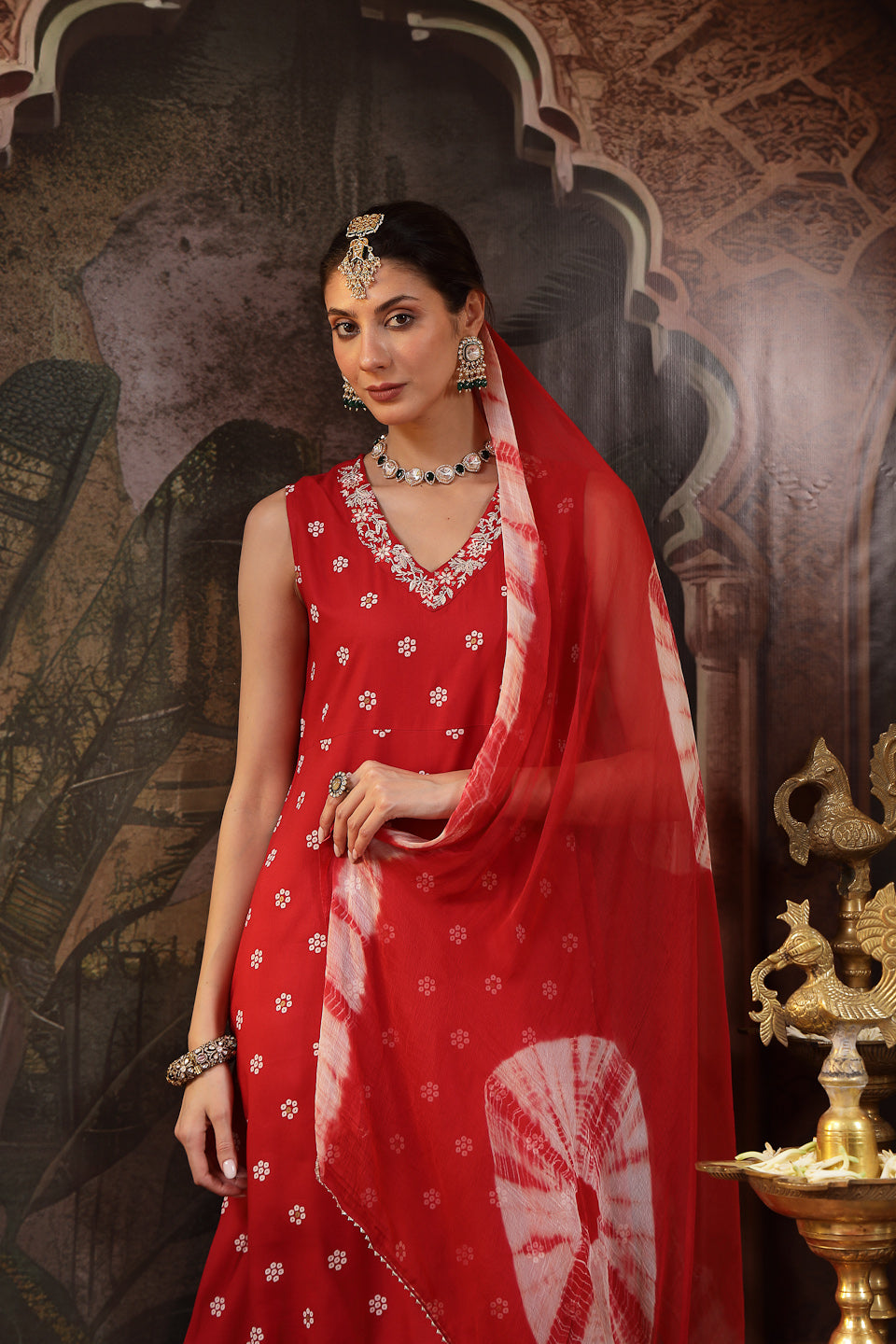 Red Floral Printed & Embroidered Rayon A-Line Kurta With Dupatta