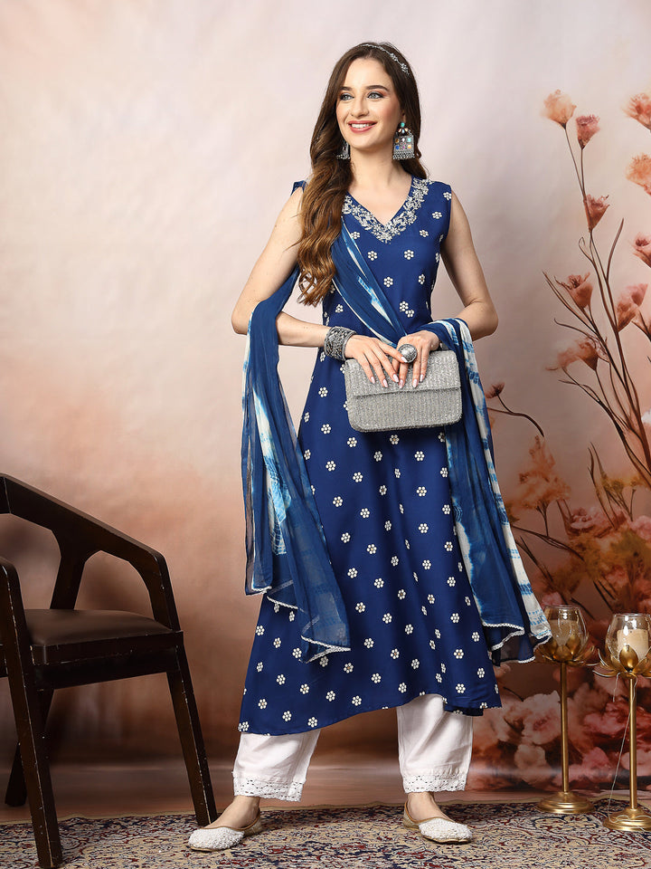 Blue-Rayon-Floral-Printed-A-Line-3-Piece-Kurta-Set