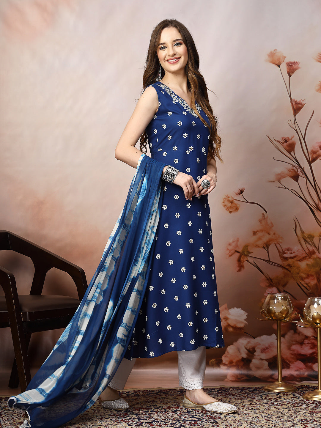 Blue-Rayon-Floral-Printed-A-Line-3-Piece-Kurta-Set