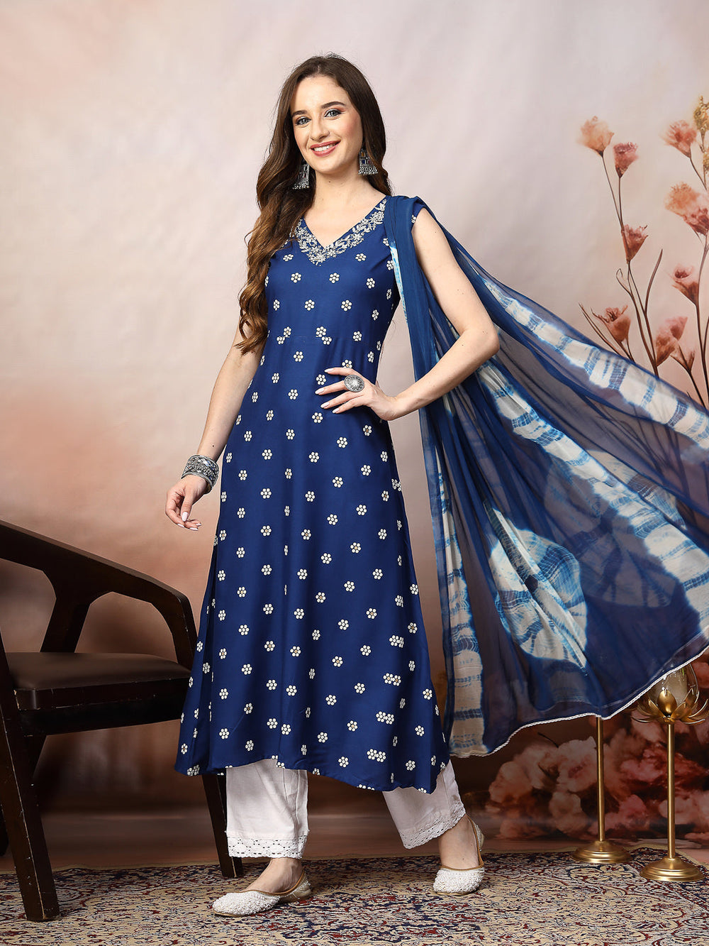 Blue-Rayon-Floral-Printed-A-Line-3-Piece-Kurta-Set