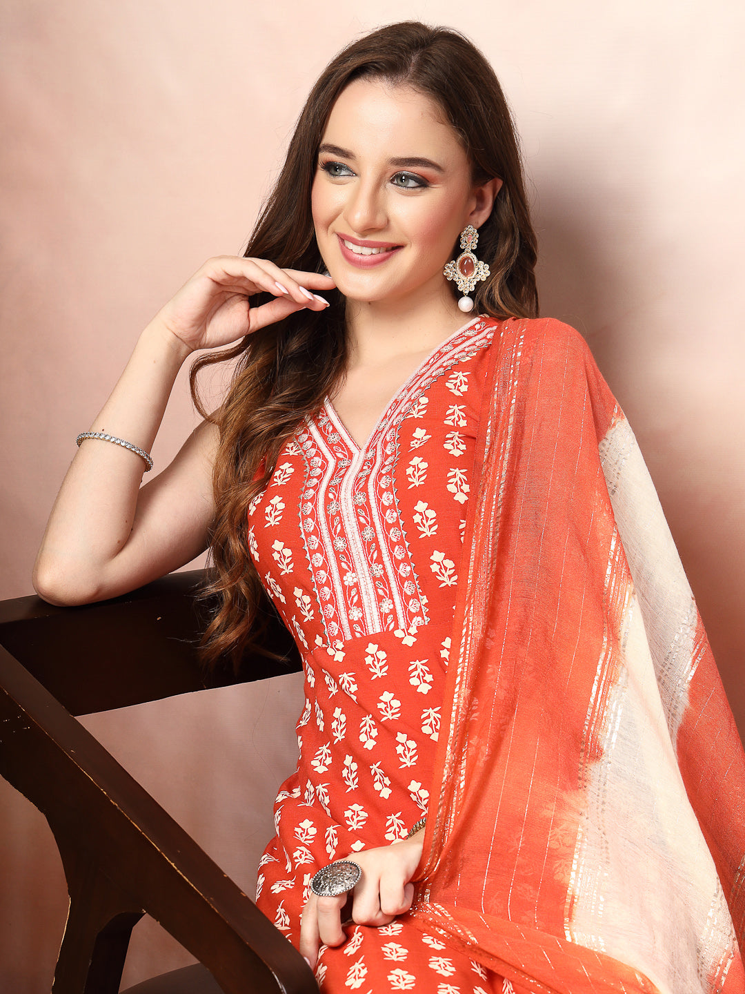 Rust-Rayon-Printed-Embroidered-A-Line-3-Piece-Kurta-Set