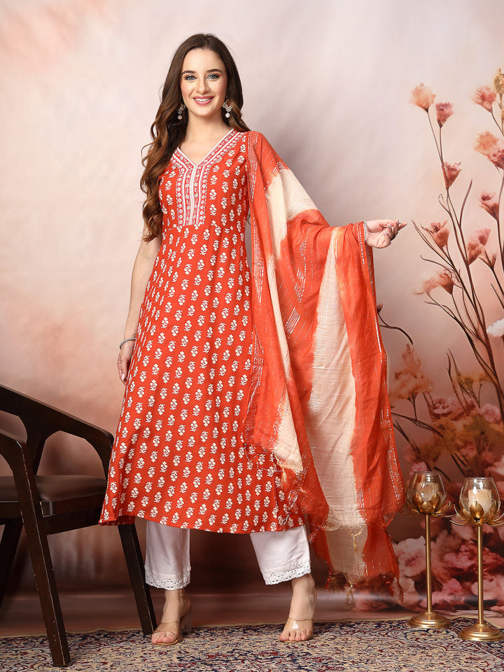 Rust-Rayon-Printed-Embroidered-A-Line-3-Piece-Kurta-Set