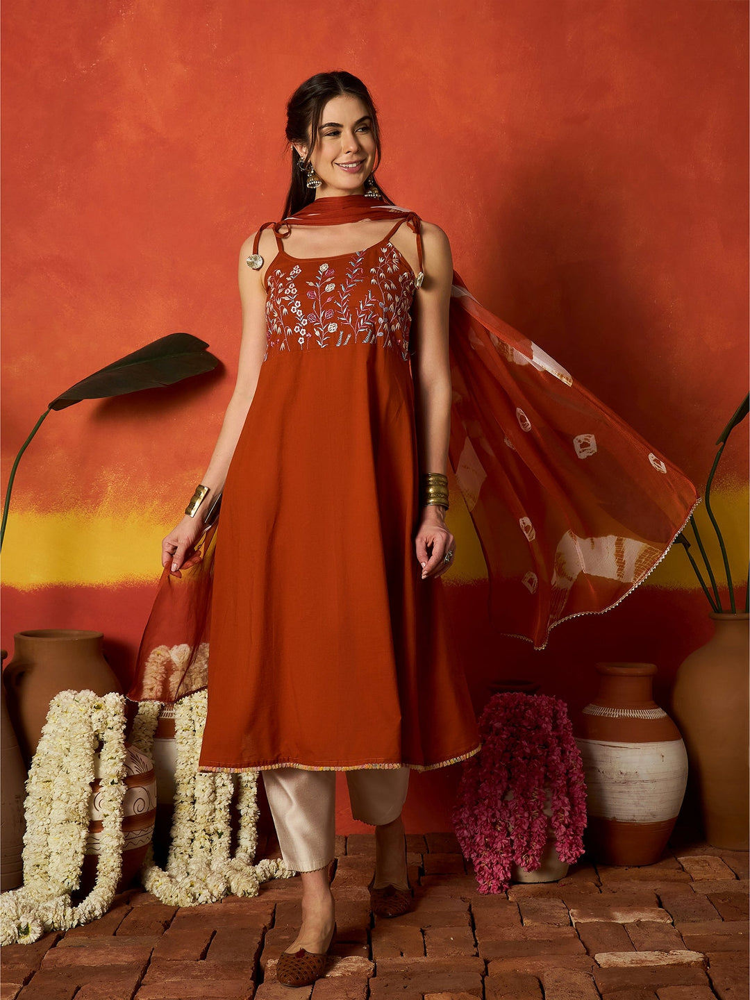 Rust Solid & Embroidered Rayon A-Line Kurta With Dupatta