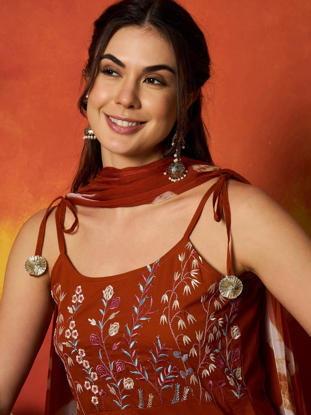Rust Solid & Embroidered Rayon A-Line Kurta With Dupatta