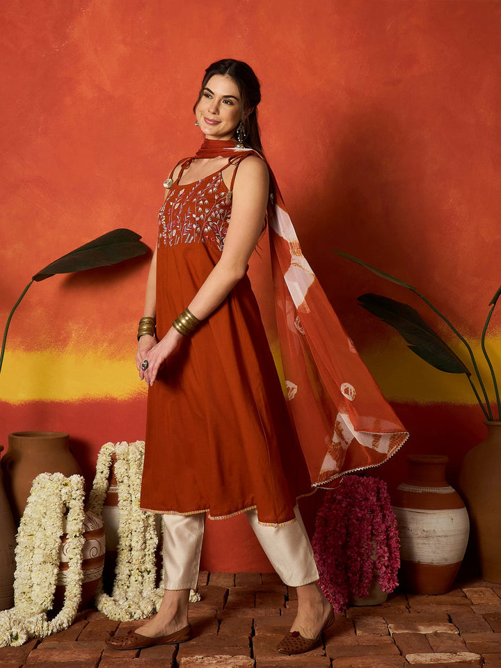 Rust Solid & Embroidered Rayon A-Line Kurta With Dupatta