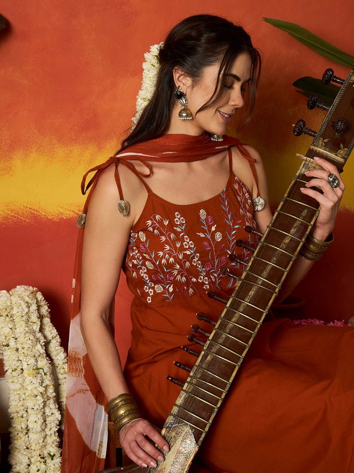 Rust Solid & Embroidered Rayon A-Line Kurta With Dupatta