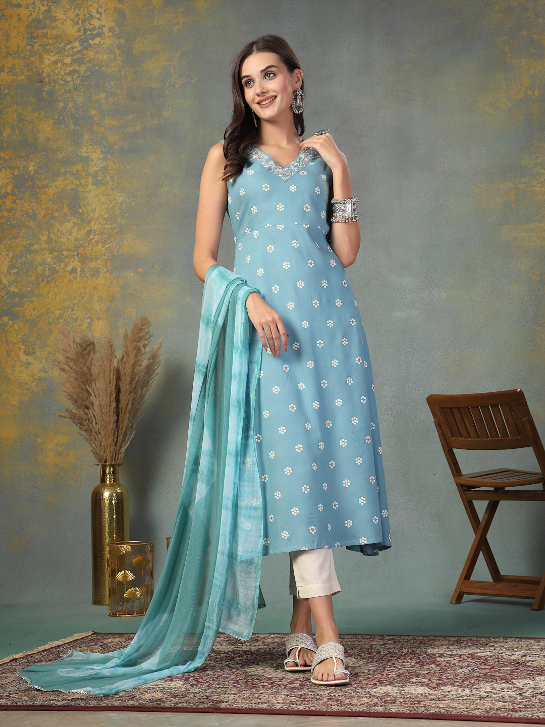 Sky-Blue-Rayon-Floral-Printed-A-Line-2-Piece-Kurta-Set