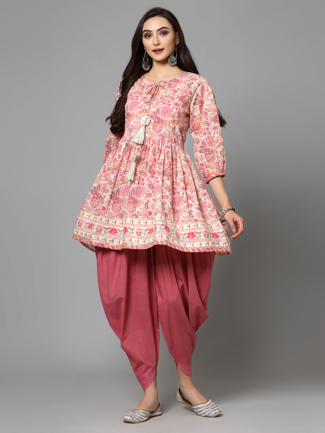 Pink-Cotton-Floral-Printed-Kurti-With-Dhoti-Pant