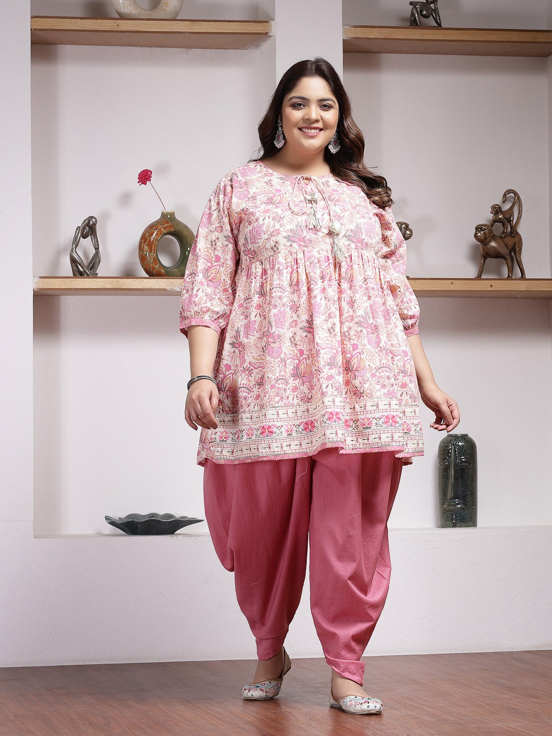 Pink-Cotton-Floral-Printed-Kurti-&-Dhoti-Pant-Set