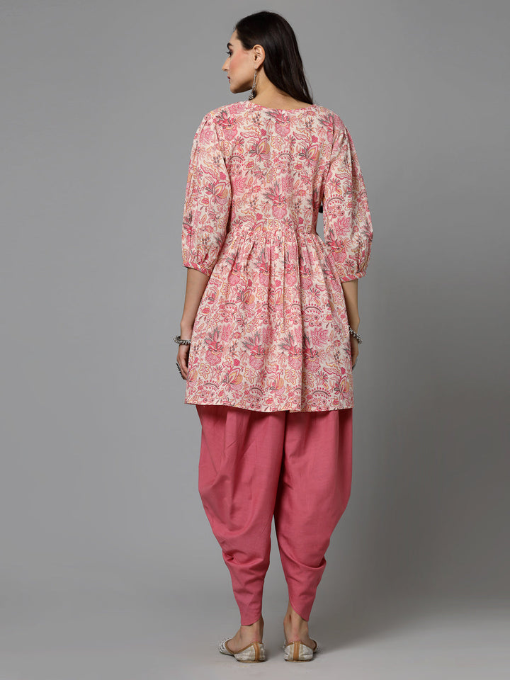 Pink-Cotton-Floral-Printed-Kurti-With-Dhoti-Pant