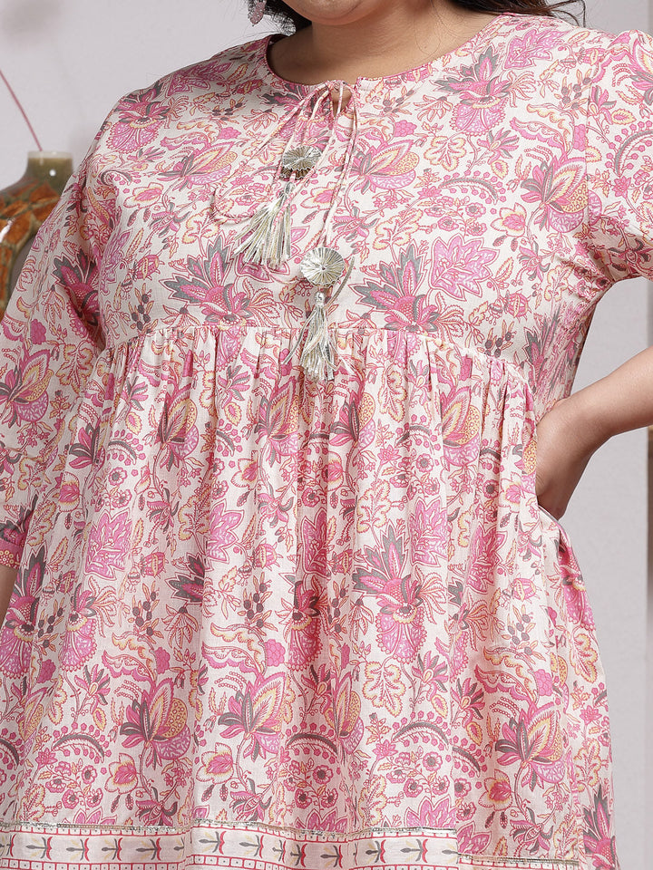 Pink-Cotton-Floral-Printed-Kurti-&-Dhoti-Pant-Set