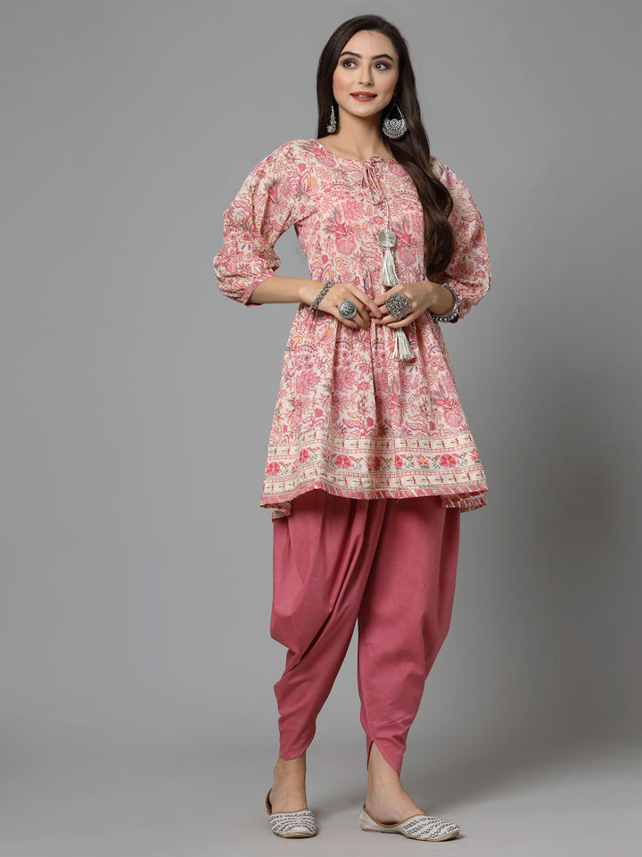 Pink-Cotton-Floral-Printed-Kurti-With-Dhoti-Pant