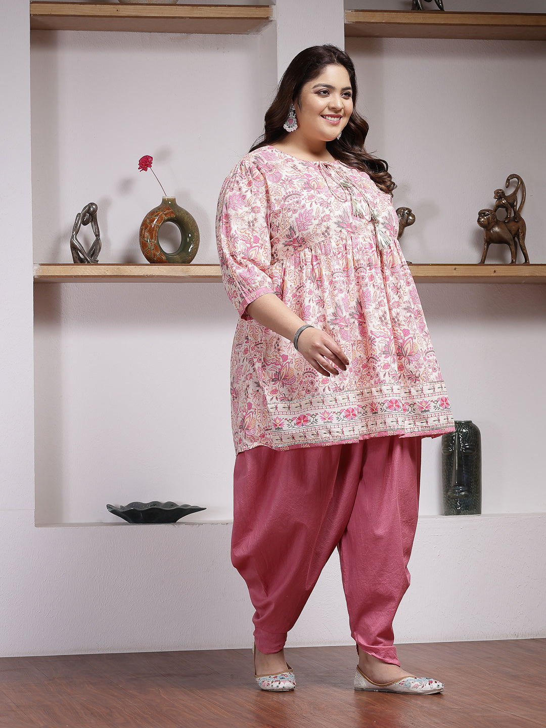 Pink-Cotton-Floral-Printed-Kurti-&-Dhoti-Pant-Set
