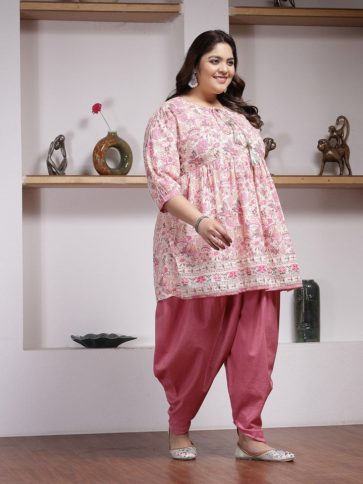 Pink-Cotton-Floral-Printed-Kurti-&-Dhoti-Pant-Set