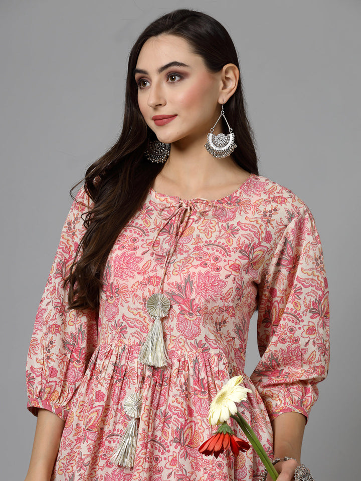 Pink-Cotton-Floral-Printed-Kurti-With-Dhoti-Pant