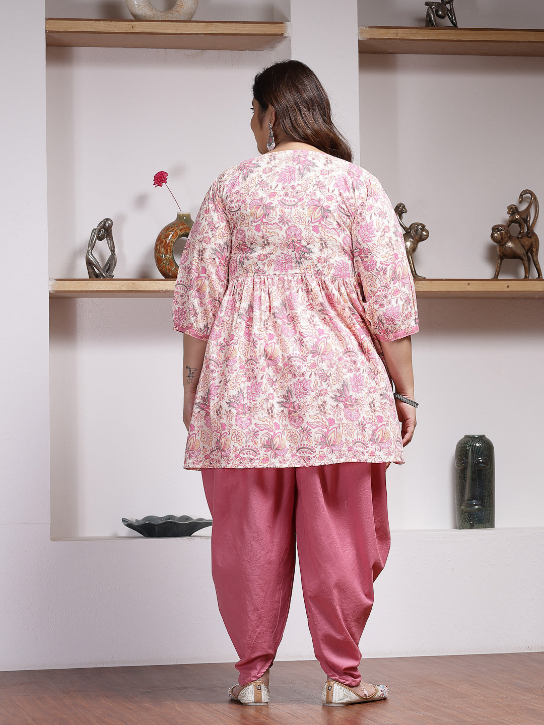 Pink-Cotton-Floral-Printed-Kurti-&-Dhoti-Pant-Set