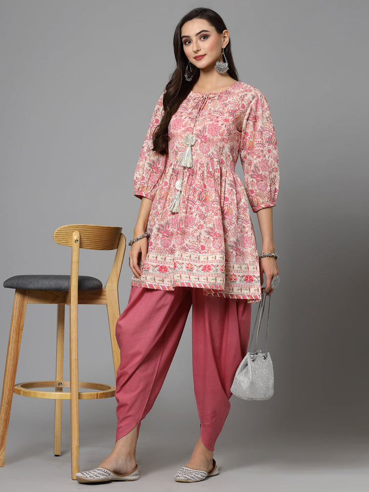 Pink-Cotton-Floral-Printed-Kurti-With-Dhoti-Pant