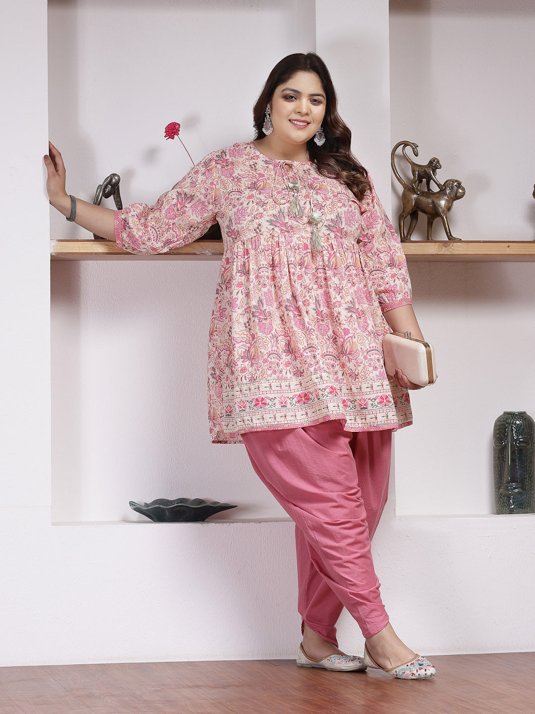 Pink-Cotton-Floral-Printed-Kurti-&-Dhoti-Pant-Set
