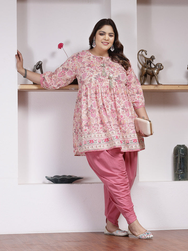 Pink-Cotton-Floral-Printed-Kurti-&-Dhoti-Pant-Set