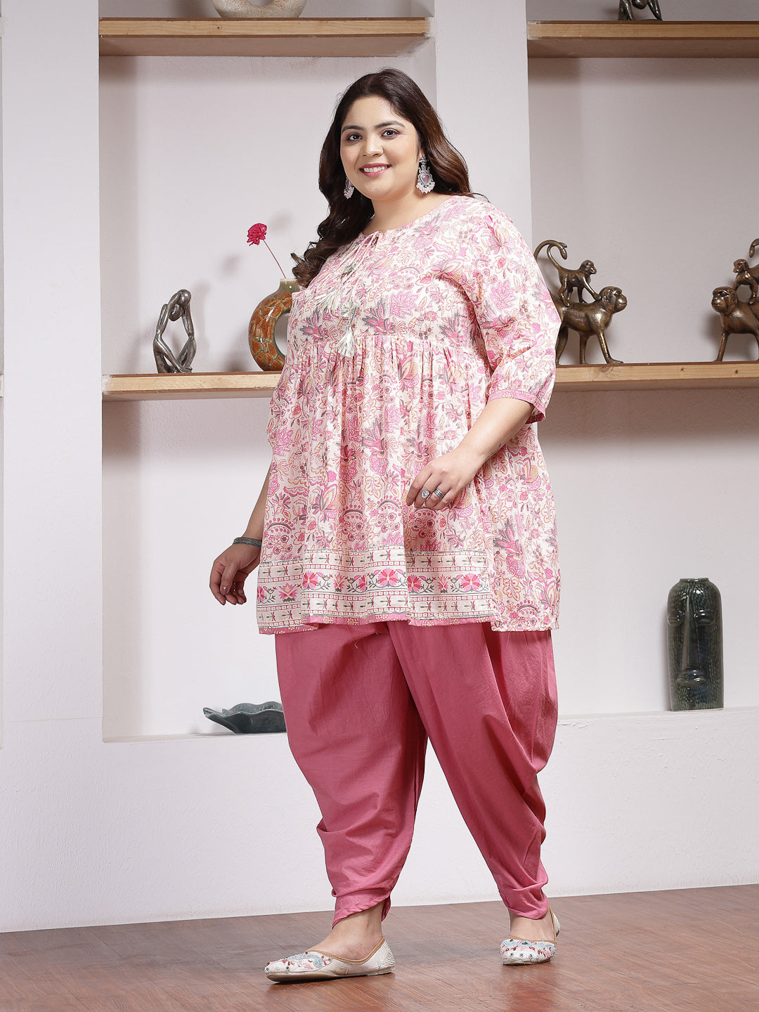 Pink-Cotton-Floral-Printed-Kurti-&-Dhoti-Pant-Set