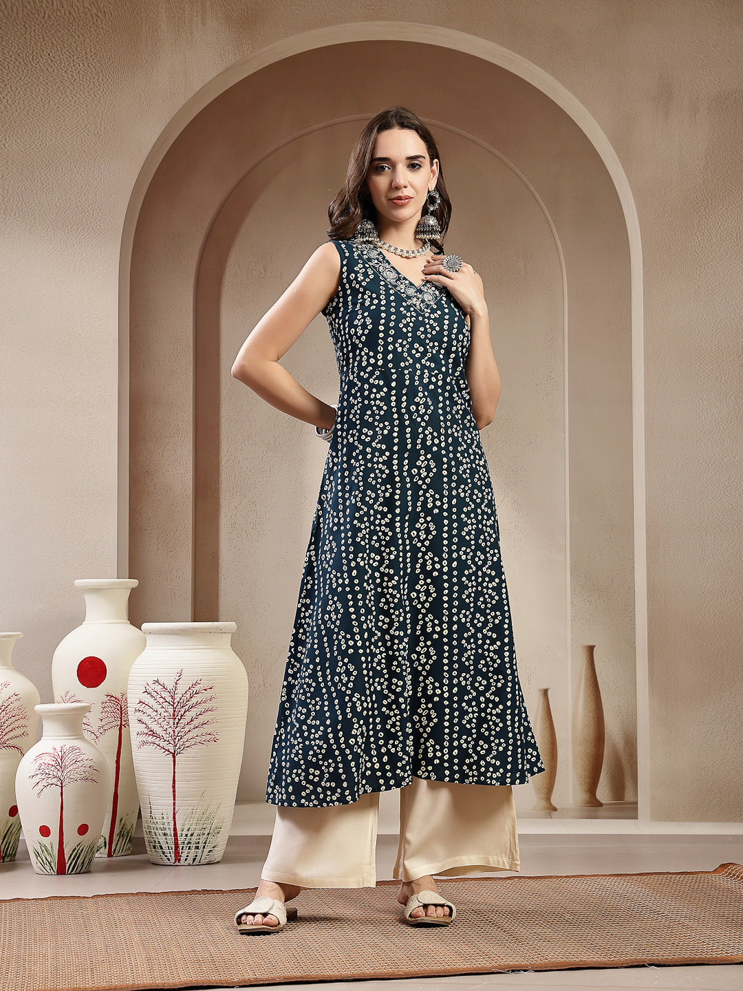 Teal Bandhej Printed A-Line Rayon Kurta With Dupatta