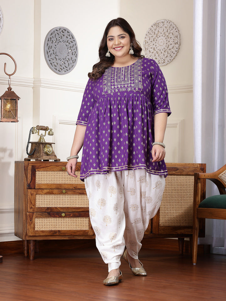 Violet-Rayon-Printed-&-Embroidered-Kurti-&-Dhoti-Pant-Set
