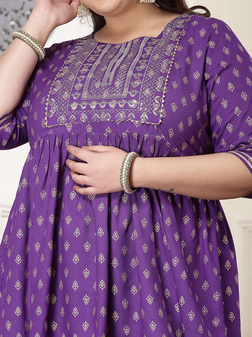 Violet-Rayon-Printed-&-Embroidered-Kurti-&-Dhoti-Pant-Set