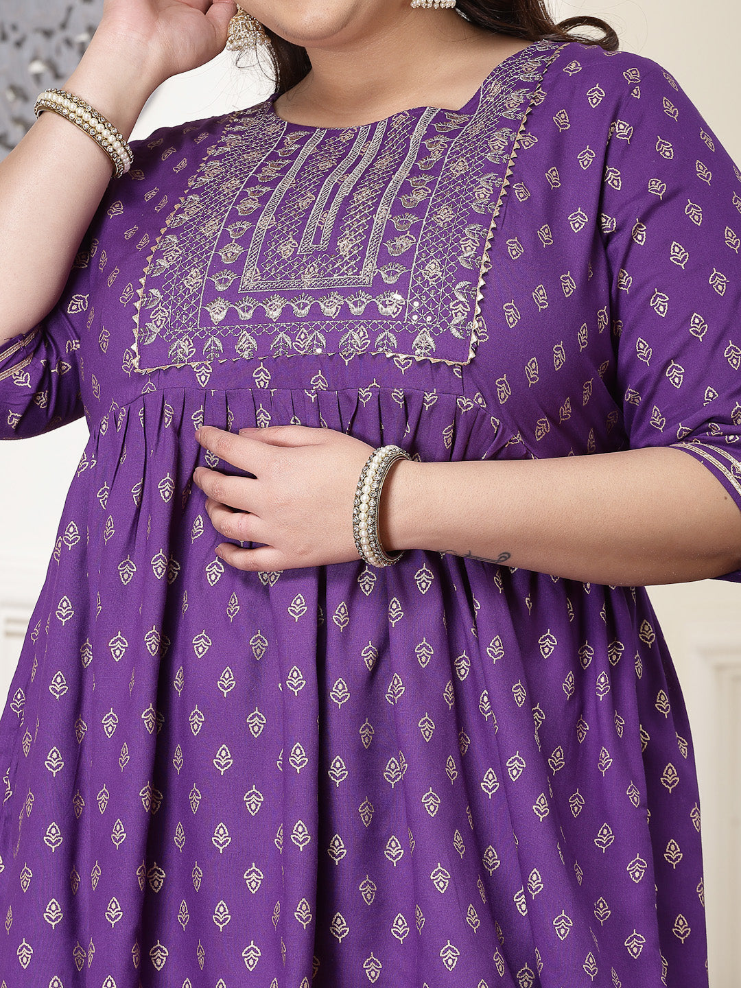 Violet-Rayon-Printed-&-Embroidered-Kurti-&-Dhoti-Pant-Set