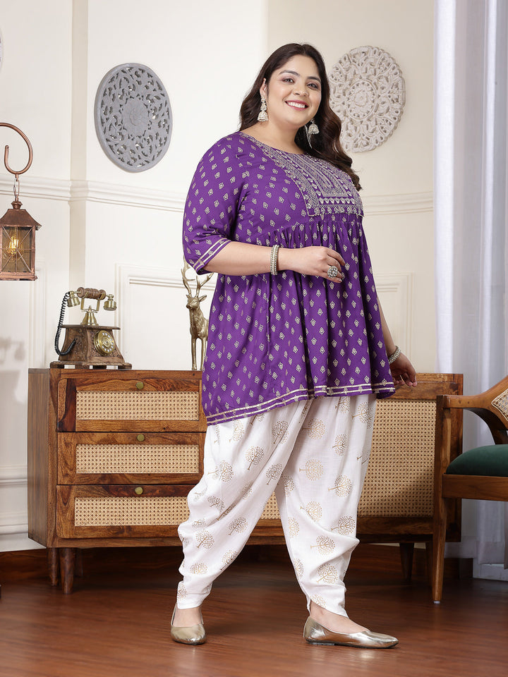 Violet-Rayon-Printed-&-Embroidered-Kurti-&-Dhoti-Pant-Set