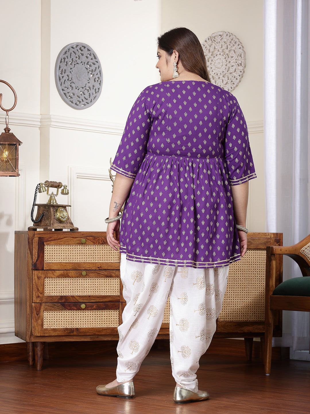 Violet-Rayon-Printed-&-Embroidered-Kurti-&-Dhoti-Pant-Set