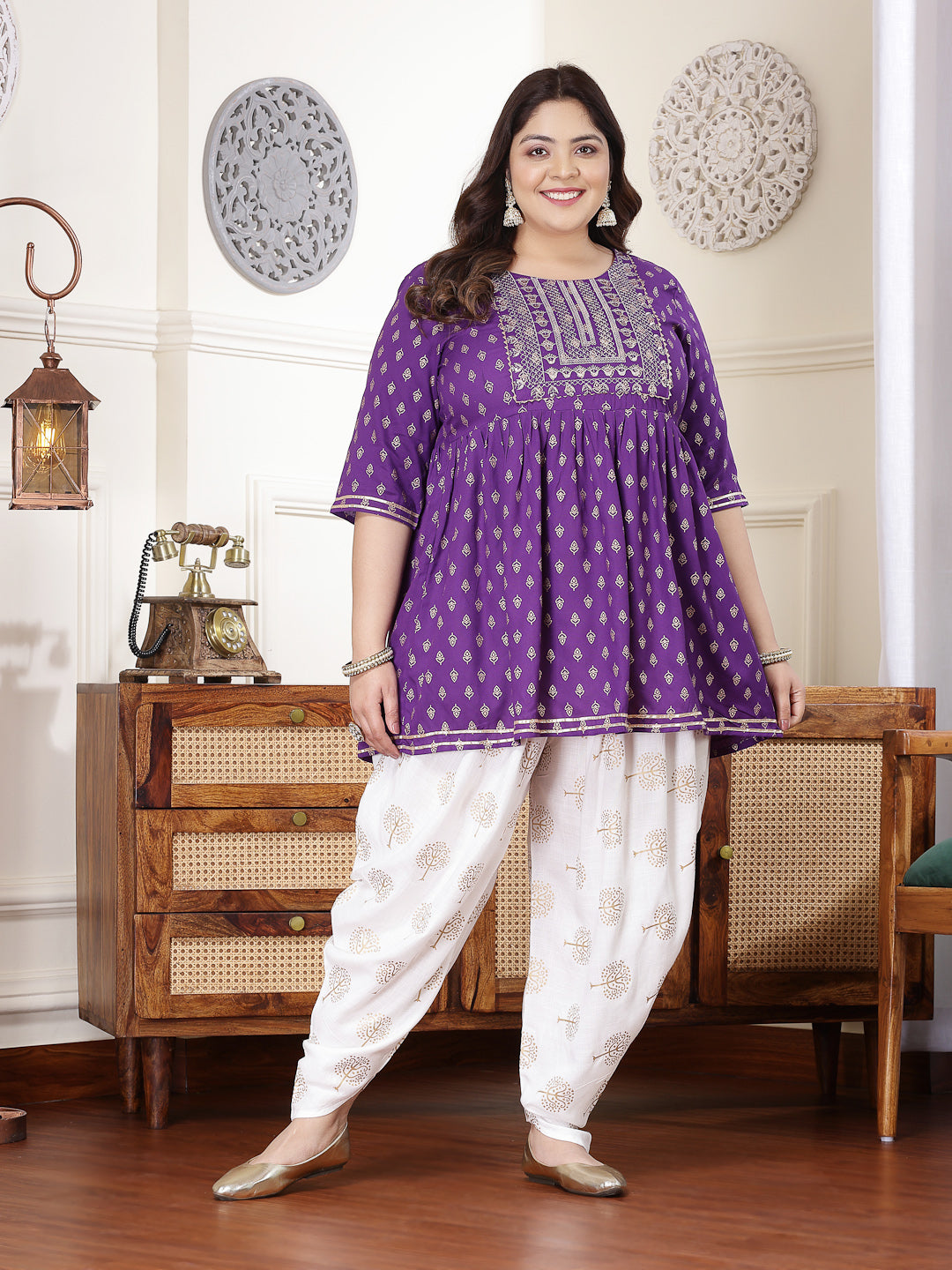 Violet-Rayon-Printed-&-Embroidered-Kurti-&-Dhoti-Pant-Set