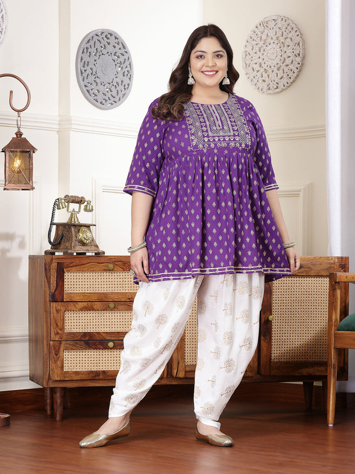 Violet-Rayon-Printed-&-Embroidered-Kurti-&-Dhoti-Pant-Set