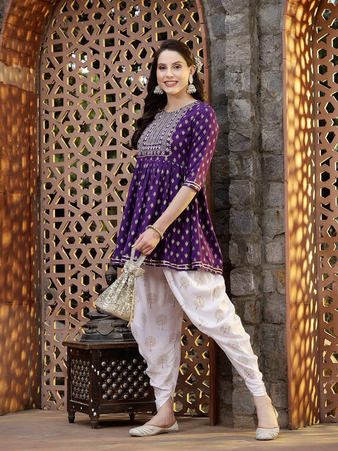 Violet-Rayon-Embroidered-Kurta-Only-With-Dhoti-Pant-Set