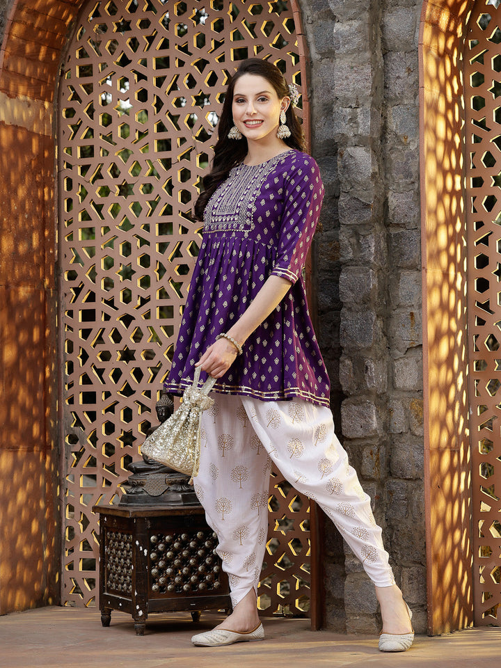 Violet-Rayon-Embroidered-Kurta-Only-With-Dhoti-Pant-Set