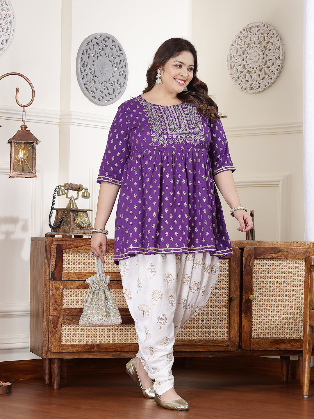 Violet-Rayon-Printed-&-Embroidered-Kurti-&-Dhoti-Pant-Set
